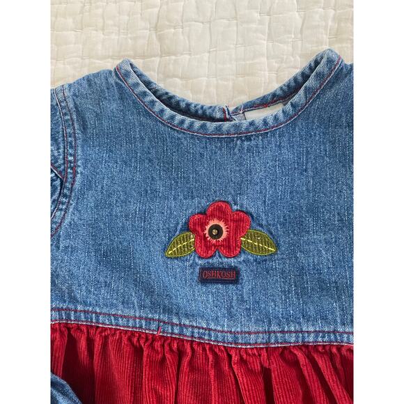 Osh Kosh B Gosh Dress Denim & Red Corduroy Rosebud Applique Ruffle Hem Size 4T - Picture 4 of 12